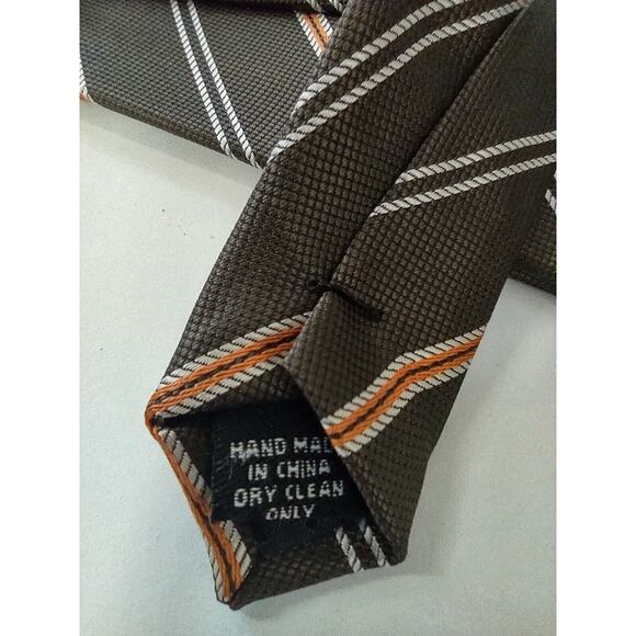 Adrienne Vittadini Tie Brown, Diagonal Orange Stripes With Tie Clip Fall Colors - Picture 4 of 10